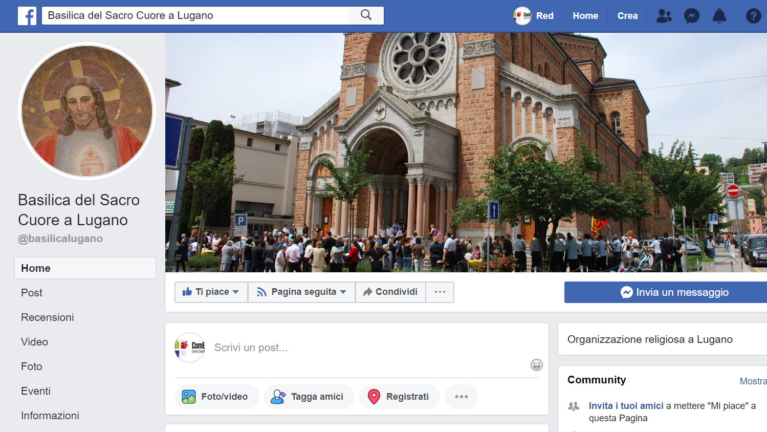 La pagina Facebook della parrocchia del Sacro Cuore di Lugano.