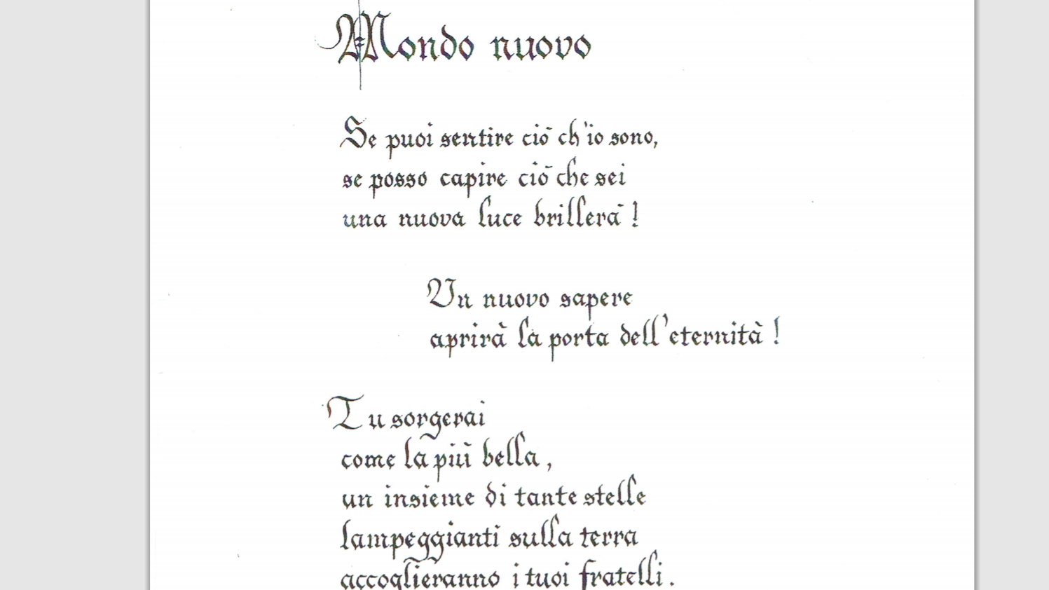 Il testo della poesia scritto dalla signora Gabriela Carborgnani.