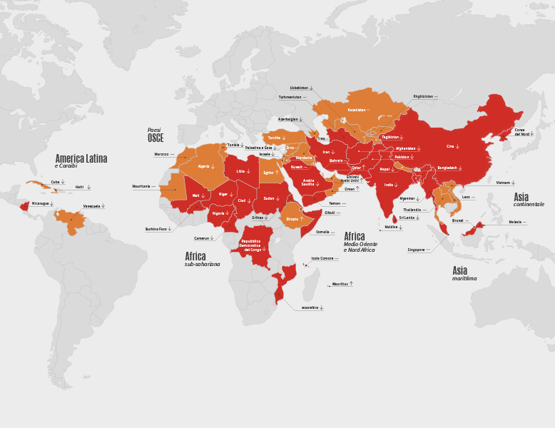 La mappa mondiale del Rapporto 2023 (Fonte Aiuto alla Chiesa che Soffre).